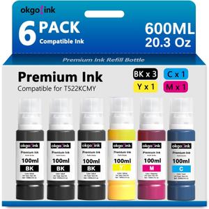 Compatible 522 Ink Refill Bottles T522 ET-2800 ET-4800 ET-2750 ET-2803 Replacement for Epsom (20.3 Fl Oz) for ET-2720 ET-2840 ET-4700 ET4800 ET-4810 3850 2760 2850 Ink (6 Pack, 600ml) Black Color