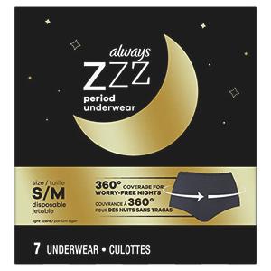 Always ZZZ Overnight Disposable Period Underwear for Women Size S/M, 360 Degrees Coverage, 7 Count 2 Pack