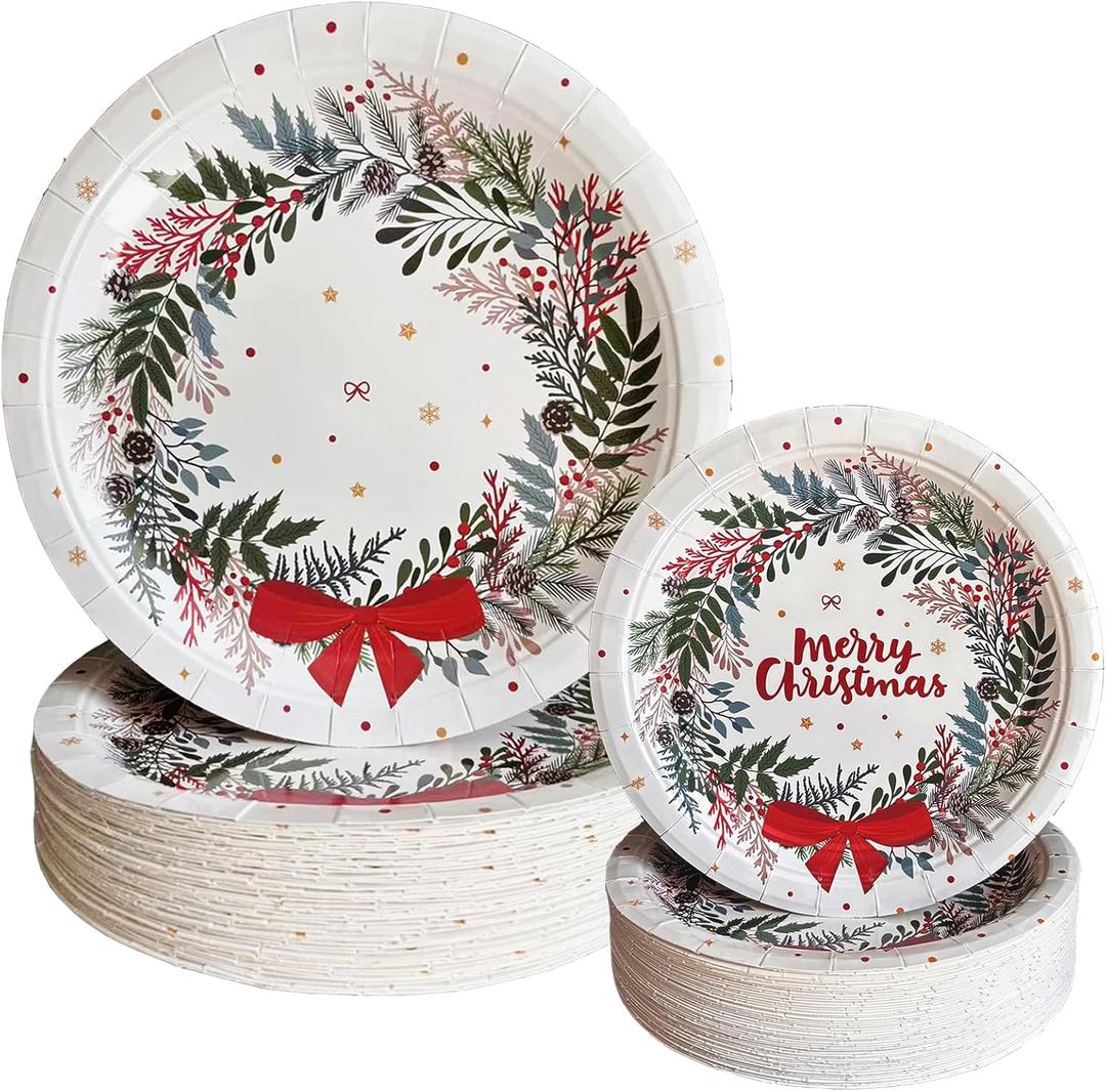 100 Pcs Christmas Paper Plates Set 9 Inch 7 Inch Disposable Merry Christmas Tableware Party Supplies for Xmas Wedding Winter Holiday New Year Party Dinnerware Table Decoration