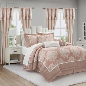 Blush Queen Comforter Set, 15 Pieces, Damask Jacquard Woven, Bedding Set with Sheets, Room in a Bag, Comforter, Bed Skirt, Pillow Shams and Decor Pillows, Curtains, Color: X- Blush
