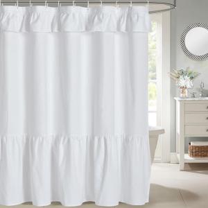 Ruffled Farmhouse Shower Curtain,White Fabric,Country and Chic Style,72x78 in
