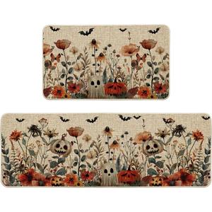 Artoid Mode Ghost Jack-O'-Lantern Pumpkin Flowers Halloween Kitchen Mats Set of 2, Low-Profile Home Decor Kitchen Rugs for Floor - 17x29 and 17x47 Inch