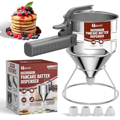 Tuauoe Stainless Steel Pancake Batter Dispenser, 40oz Batter Dispenser with Squeeze Handle, Great for Pancakes, Cupcake, Waffle or Any Baked Goods, Durable, Leak-Free, Space Gray