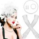 Yaomiao 5 Pieces Tea Party Accessories for Women 1920s Fascinators Hat Feathers and Gloves Veil Mesh Headband Derby Cocktail (White)