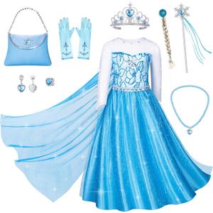 Blue Princess Costumes for Little Girls Dress Up Birthday Party with Accessories (8-9 Years)