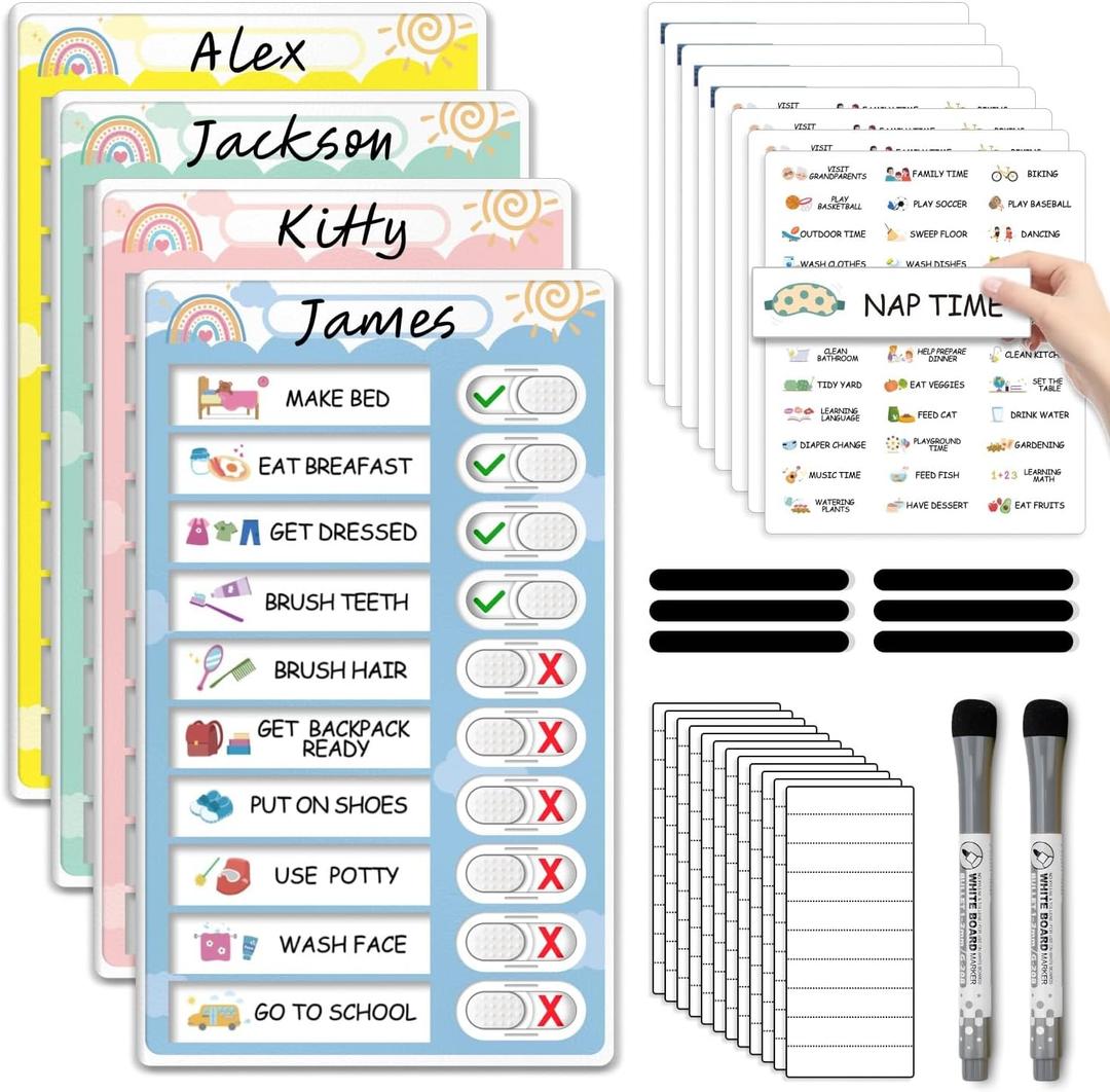 4 in 1 Namable Chore Chart for Kids, Dry Erase Morning/Bedtime Routine Chart for Kids for Refrigerator, Magnetic Visual Schedule for Kids Toddlers to Do List Checklist for Multiple Kids