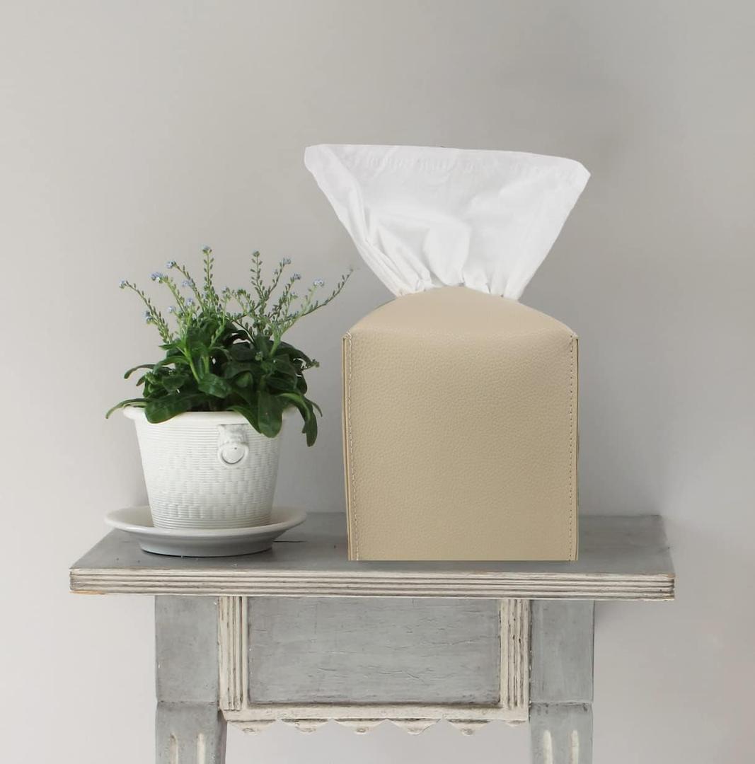2 x LAMINET Deluxe Tissue Box Cover,Square -Decorative/Cover for Bathroom Vanity,Countertop,Night Stand,Office, Bedroom,Living Room,Desk & Car 5"X5"X5"-Fits 99% of Square Tissue Boxes. Soft Material-Beige