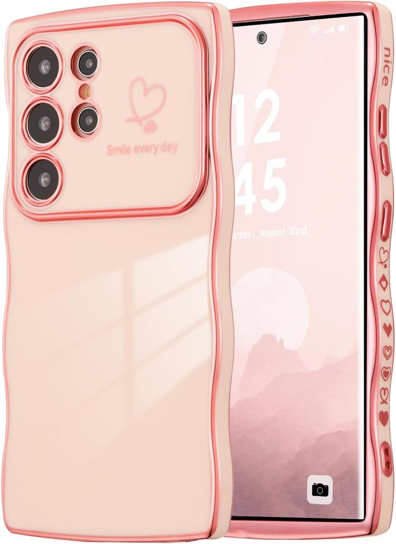 ZTOFERA for Samsung Galaxy S24 Ultra 5G Case 6.8 inch,Cute Curly Wave Frame Case with Love Heart Pattern,Luxury Plating Edge Full Camera Protection Shockproof Phone Case for Women Girls-Pink