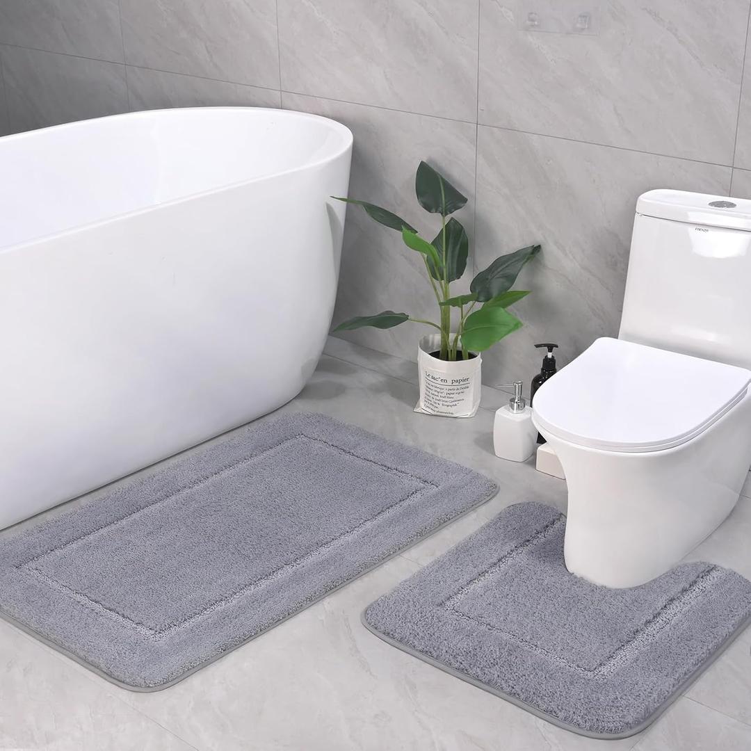 LOCHAS Bathroom Rug Set Light Grey, Soft Bath Rug Set 2 Piece, Toilet Mat U-Shaped 20x20 and 34x20 Bath Rugs, Quickly Dry Mats for Bathroom, Tub, Washable, Super Absorbent Floor Mat, 34" x 20" Plus 20" x 20"