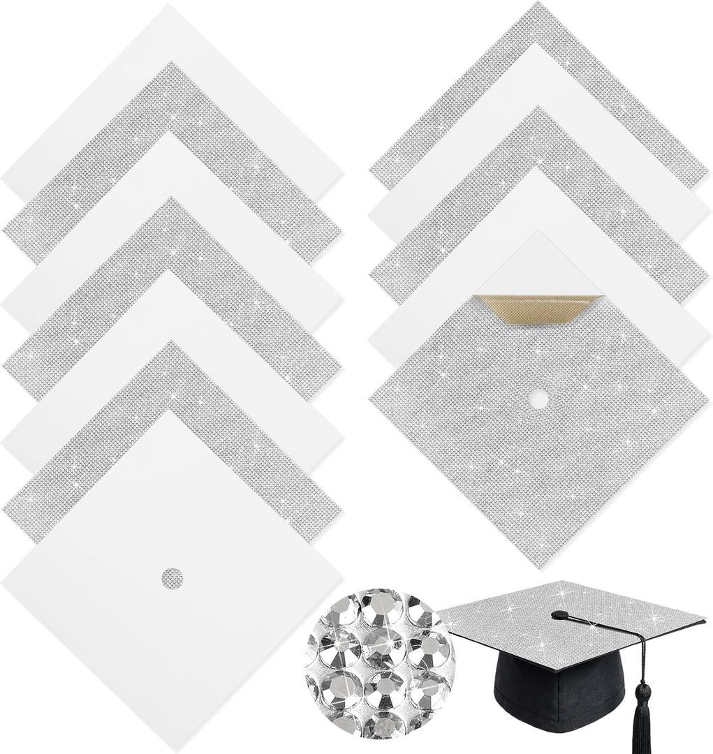 Gersoniel 12 sheets Rhinestone Grad Cap Topper with Construction Paper for Graduation Hat Bling Decoration 10 x 10 '' Card Stock Grad Cap for Photo DIY Graduation Hat Topper Cover Party Decor(Sliver)