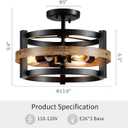 WUZUPS 3-Light Metal Drum Chandelier Imitation Wood Grain Shade Round Semi Flushmount Ceiling Lighting Rustic Farmhouse Fixture Foyer Entry Kitchen, H 9.4" x W13.8, E26 Base, Black