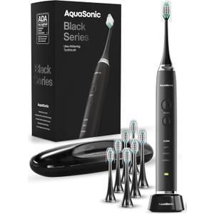 Aquasonic Black Series Ultra Whitening Toothbrush ADA Accepted Electric Toothbrush- 8 Brush Heads & Travel Case 40,000 VPM Electric Motor & Wireless Charging - 4 Modes w Smart Timer