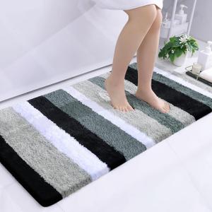 Buganda Microfiber Striped Bathroom Rugs Bath Mat, Extra Thick, Soft and Shaggy, Absorbent, Machine Washable, Anti-Slip Bath Rugs for Bathroom, Tub and Shower, 47x24, Black-Grey