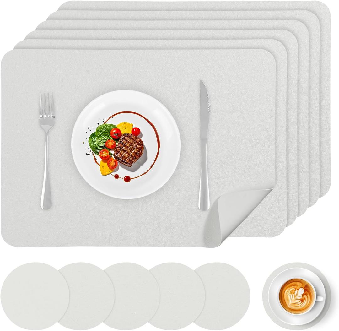 Faux Leather Placemats Set of 6, Vinyl Placemats Heat Resistant Place Mats, Waterproof Oil-Proof Wipeable Dining Table Mats and Coasters for Kitchen, Indoor, Outdoor (White)