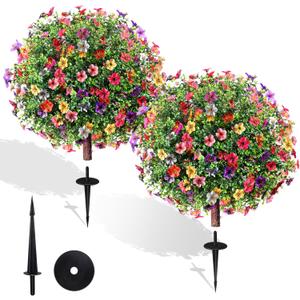 27.5" Artificial Boxwood Topiary Ball Trees with Colorful Flowers, Set of 2 Fake Bushes Shrubs with Ground Spike, UV Resistant Faux Evergreen Tree for Front Porch Outdoor Garden Decor