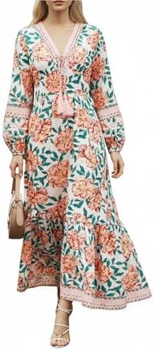 Sunny Spirit Womens Maxi Boho Dresses Floral Print Summer V Neck 2025 Flowy Tassel Long Casual Dress with Long Puff Sleeves XL