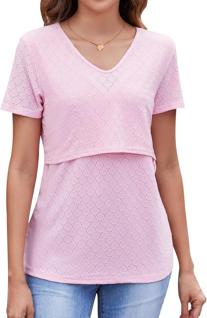 Sosolism V Neck Breastfeeding Shirts Short Sleeve Breathable Nursing Tops Summer Pumping Tshirt for Women (X-Large, Pink)