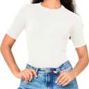 BAMBOO COOL Women's Seamless Tight T-Shirts Slim Fit Basic Ribbed Tees Short Sleeve Crew Neck Top (White, XL)