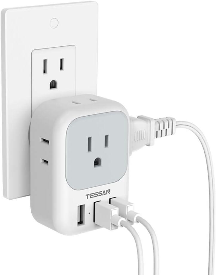 USB Charger Block, TESSAN Wall Plug Adapter with Electrical 4 Box Splitter 3 USB Wall Charger Ports, Multi Plug Outlet Extender Charging for Cruise, Travel, Office, Dorm Essentials (USB-A, Grey)