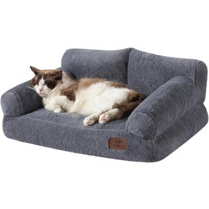 Hollypet Fluffy Plush Dog Cat Pet Couch Soft Calming Sofa Bed for Medium Small Cats and Dogs, Gray (24.0"L x 18.0"W x 10.0"Th)