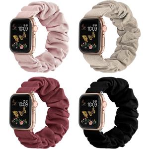 Recoppa Compatible for Apple Watch Band Scrunchie Cute Printed Elastic Solo Loop Bands Women Bracelet Strap for iWatch, 4 Packs (Black/Pink/Milk Tea/Wine Red), Size: 44/45/46/42mm(Series 3)-S(4.7"-6.0")