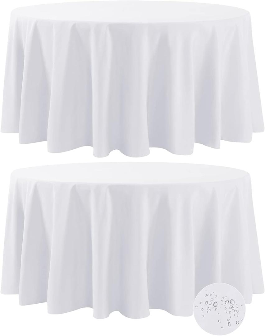Fokitut 2 Pack Waterproof Round Tablecloth, 120 Inch, Stain Resistant and Wrinkle Polyester Table Cloth, Fabric Table Cover for Kitchen Dining, Wedding, Party, Holiday Dinner-White