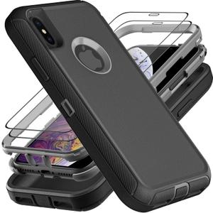 for iPhone X Case/iPhone Xs Case, Military Grade 3 in 1 Heavy Duty Shockproof/Drop Proof/Dust Proof Case with 2Pcs Tempered Glass Screen Protector (Black/Grey)