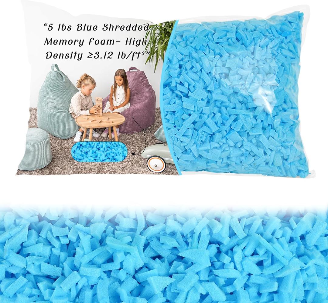 Bean Bag Filler - 5lbs Shredded Memory Foam Filling, High Density 3.12 lb/ft, Blue Pillow Stuffing for Bean Bag Chair, Couch Cushion, Dog Bed, Stuffed Animals, DIY, Non-Toxic & Hypoallergenic