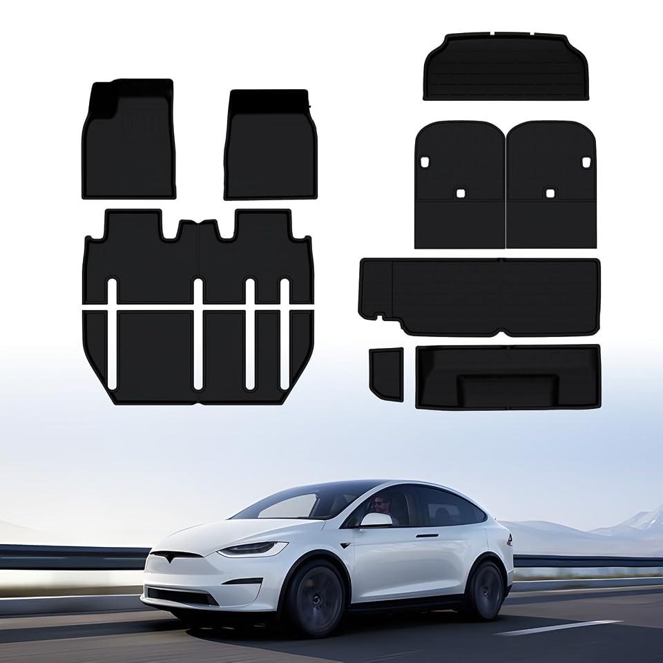 BASENOR 10PCS Floor Mats 7-Seater for Tesla Model X 2022-2026 | All Weather Cargo Liner Mat XPE Car Mats Anti-Slip Trunk Mat Back Seat Cover [Proprietary Design] Model X Plaid Accessories
