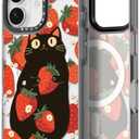 Bouvardia for iPhone 16 Case (Cat & Strawberries) | Compatible with Magsafe, Cute Girly Design for Women, Shockproof & Aesthetic