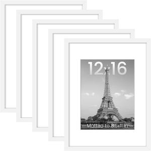 5 x upsimples 12x16 Picture Frame Set of 5, Display Pictures 8.5x11 with Mat or 12 x 16 Without, Wall Gallery Poster Frames, White