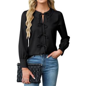 Blooming Jelly Women's Dressy Casual Blouses Business Work Tops Tie Front Long Sleeve Shirts 2025 Fall Outfits (X-Large, Black)