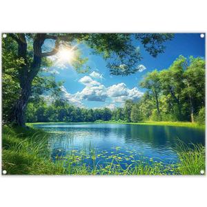 Fabric 7x5ft Lake Natural Scenery Backdrop River Forest Tree Blue Sky Bokeh Background Picnic Camping Hiking Spring Outdoor Party Decorations Photoshoot Banner Props