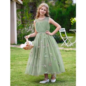 OBEEII Flower Girl Dress for Wedding Floral Embroidery Tulle Princess Dress Junior Bridesmaid Birthday Pageant Dress, 5-6 Y