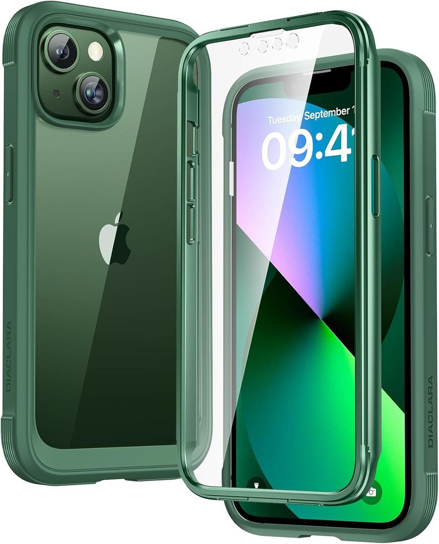 Diaclara Designed for iPhone 13 Case, Full Body Rugged Case with Built-in Touch Sensitive Anti-Scratch Screen Protector, Soft TPU Bumper Case for iPhone 13 6.1" (Green)