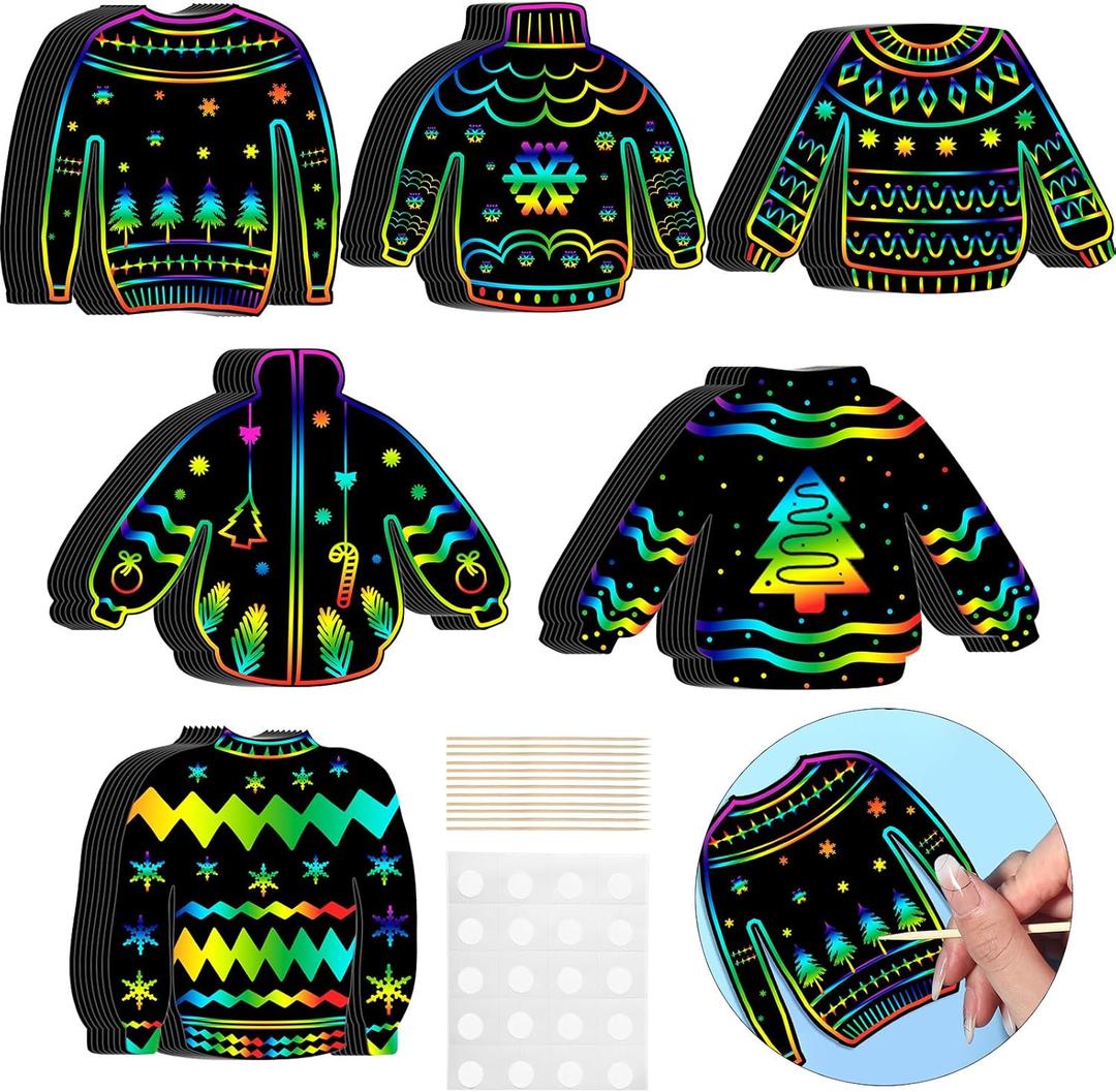 Wettarn 48 Pcs Ugly Sweaters Scratch Paper Christmas Scratch Ornaments for Kids Rainbow Art Christmas Tree Ornament Scratch Paper with Wooden Stylus for Kids Adults Christmas Party Handcraft Gift