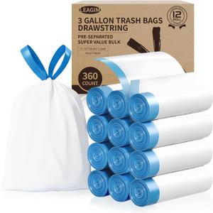 Small Trash Bags 3 Gallon, 360 Count -1.2 Mil Drawstring Mini Garbage Bags, White Plastic Trash Can Liners for Bathroom Accessories, 12 Liter, Bedroom, Dorm Room Essentials, Office