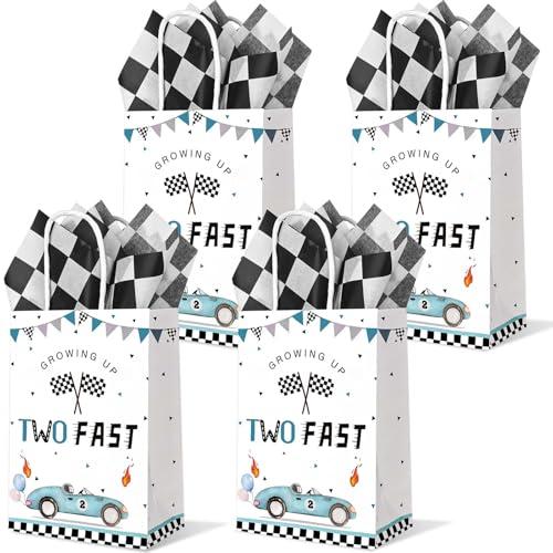 24PCS Two Fast Racing Car Birthday Gift Bags with Checkered Tissue Paper, Blue Race Car Checkered Favors Bag with Handles for 2nd Birthday Party Supplies, Blue