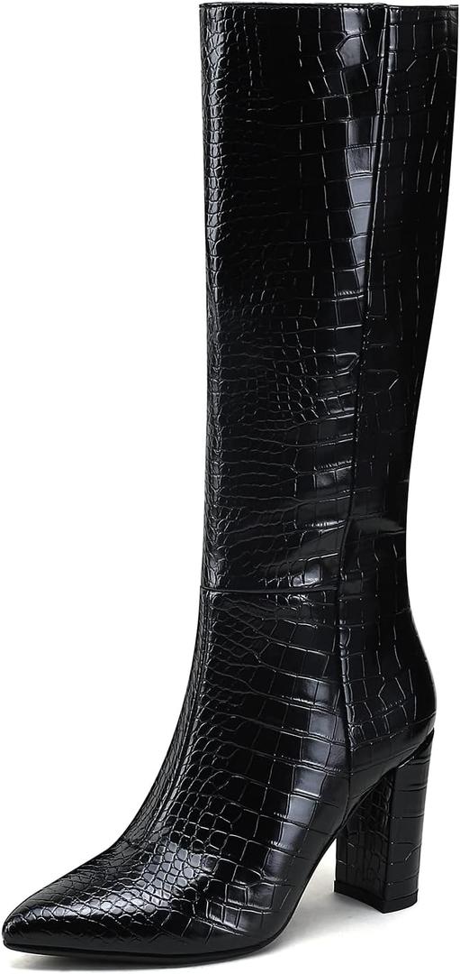 Modatope Knee High Boots for Women Black Boots Chunky High Heel Boots for Women Faux Crocodile Boots Tall Boots Pointed Toe Boots, Size 9