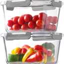 HOMBERKING 4 Pieces 63oz/8cup Large Glass Food Storage Containers with Lids, Meal Prep Containers, Airtight Bento Boxes with Leak Proof Locking (2 Containers 2 Lids), Microwave,Oven,Fridge Safe-Grey