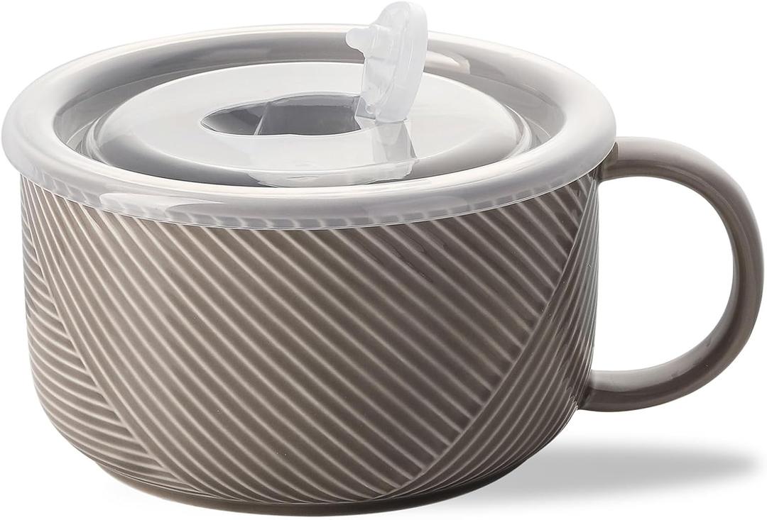 Oversized Soup Bowl with Handle: 38 oz Ceramic Soup Mug with Lid - Microwave Safe Jumbo Food Storage Container for Ramen Cereal Breakfast Meal Prep Office Lunch Dorm Living - Grey 6 Inch (Gray)
