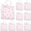 Wesnoy 24 Pcs Pink Bow Clear PVC Gift Bags with Handle Coquette Bowknot Party Favor Pink Plaid Bow Candy Treat Tote Bags for Birthday Party