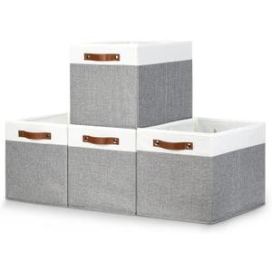 Bidtakay Large Storage Bins 4-Pack Collapsible Fabric Storage Baskets for Organizing 16x12x12 Inches White/Light Grey