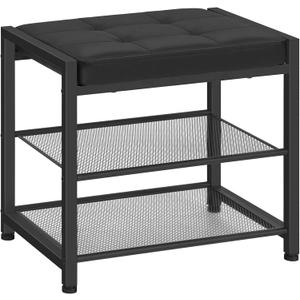 HOOBRO Small Shoe Bench, 3-Tier Shoe Rack, Shoe Storage Bench with PU Seat Cushion, Entryway Shoe Rack Bench with Metal Mesh Shelves, Freestanding Shoe Organizer for Hallway, Black BB33HX01