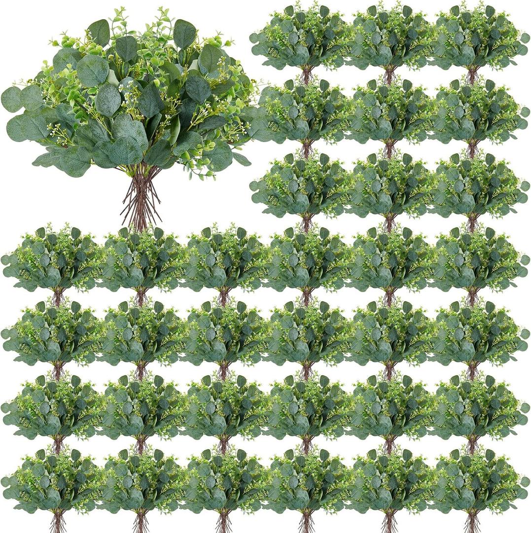 Yunsailing 100 Pcs Faux Eucalyptus Stems with White Seeds Artificial Eucalyptus Leaves Greenery Decor Fake Leaf Branches for Wedding Bouquets Centerpiece Flower Arrangement Farmhouse Home Decoration
