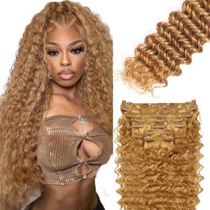 18 Inch #27 Blonde Clip in Hair Extensions,Soft Real Human Hair 120g 7pcs,Brazilian Remy Clip ins for Women,Honey Blonde Deep Wave Clip ins Silky Hair Extensions
