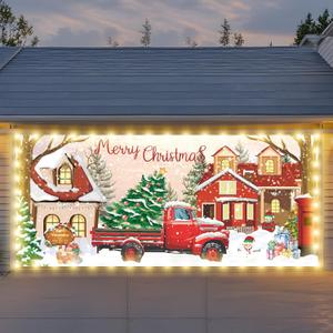 7x16ft Christmas Garage Door Cover, 2024 Double Garage Door Christmas Decorations with LED String Lights, Large Door Banner, Outdoor Decoration (Red-1)