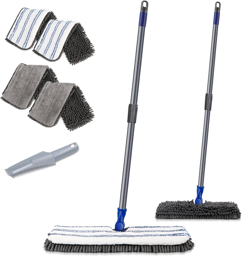 Two Sided Dust Mop Floor Cleaning System, MASTERTOP 360 Microfiber Mop with Stainless Steel Handle,Wet Dry Mop,Flat Flip Mops for Hardwood, Laminate, Vinyl, Tiles,4 Washable Mops Pads (16.8"*5.2", Gray)