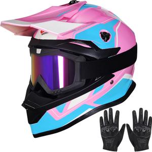 Youth Dirt Bike Helmets,MM605 Kids Full Face Motorcycle Helmet for Off-Road ATV UTV BMX Street Riding,Kids Motocross Helmet with Goggles Gloves,DOT Approved(Gloss Pink, M)