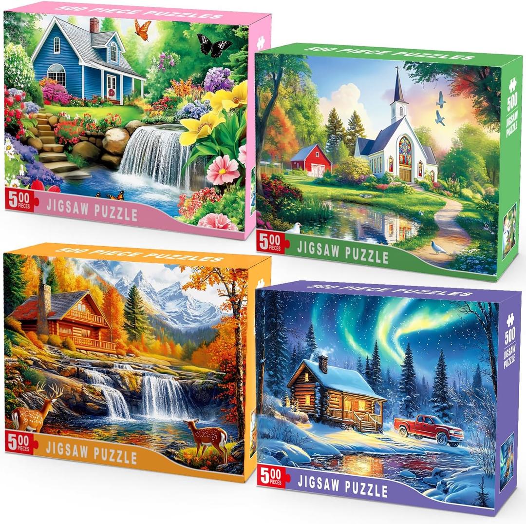 4 Packs 500 Piece Puzzles for Adults 4 Seasonal Landscape Puzzle Set Scenic House & Nature Jigsaw Puzzle, Colorful Adult Jigsaw Puzzles for Stress Relief, Family Fun, Mindfulness & Gifts
